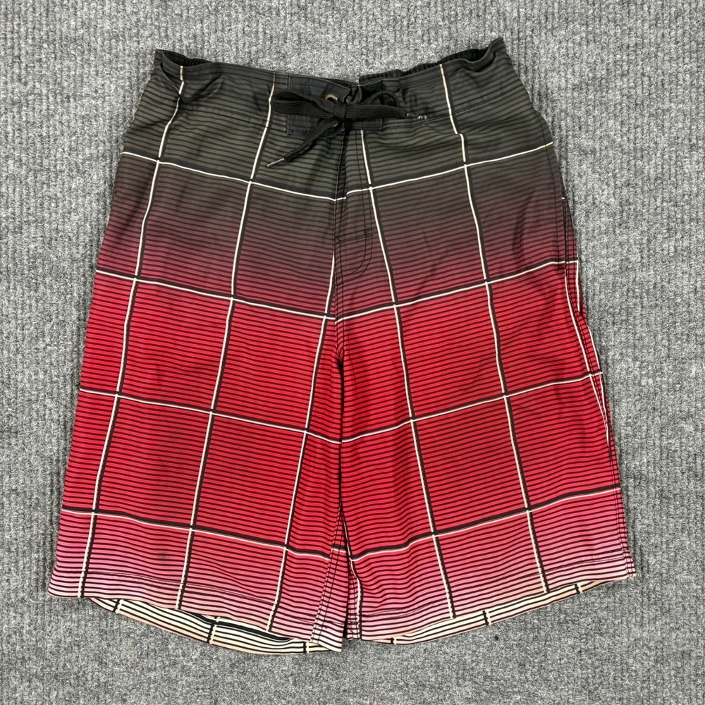 Ocean Pacific OP Board Shorts Mens Small Red Black Plaid Surf Swim Stretch
